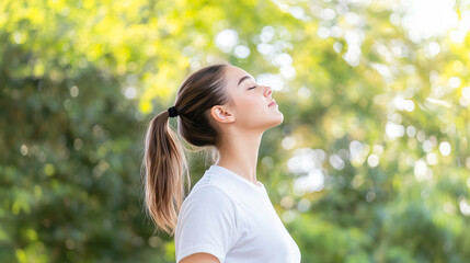 A young woman embracing mindfulness with a deep breath outdoors