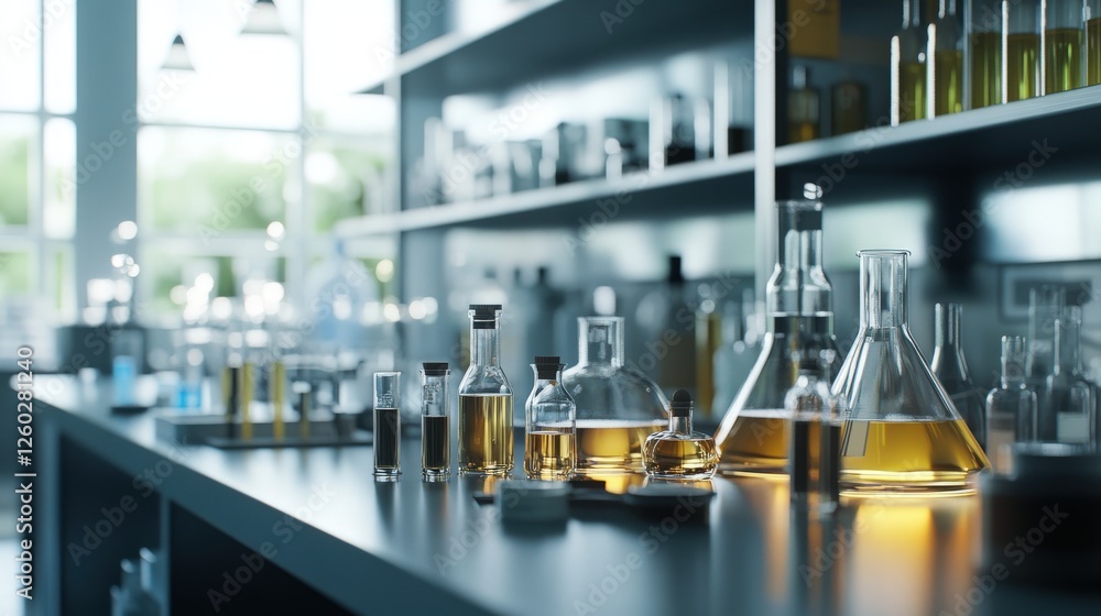 Poster Laboratory Workspace with Glassware and Colorful Liquids Display