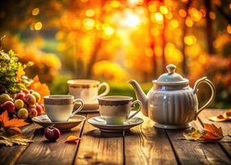 Fototapeta premium Autumn's gentle bokeh embraces a coffee and tea set, creating a cozy morning scene.