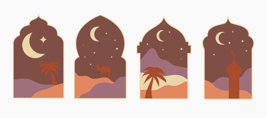Collection of ramadan arch Islamic windows with modern boho design, moon, mosque dome and lanterns. Vector illustration