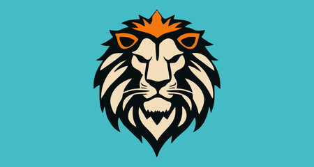 The image features a stylized lion's head as its central element, set against a solid teal background. 