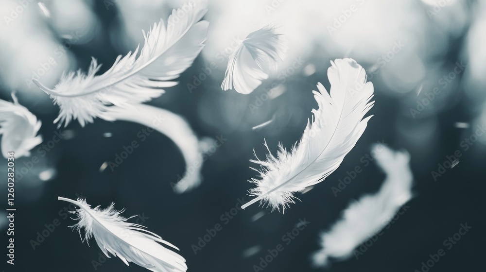 Poster delicate white feathers float gently in mid-air, creating a serene atmosphere as they shimmer agains