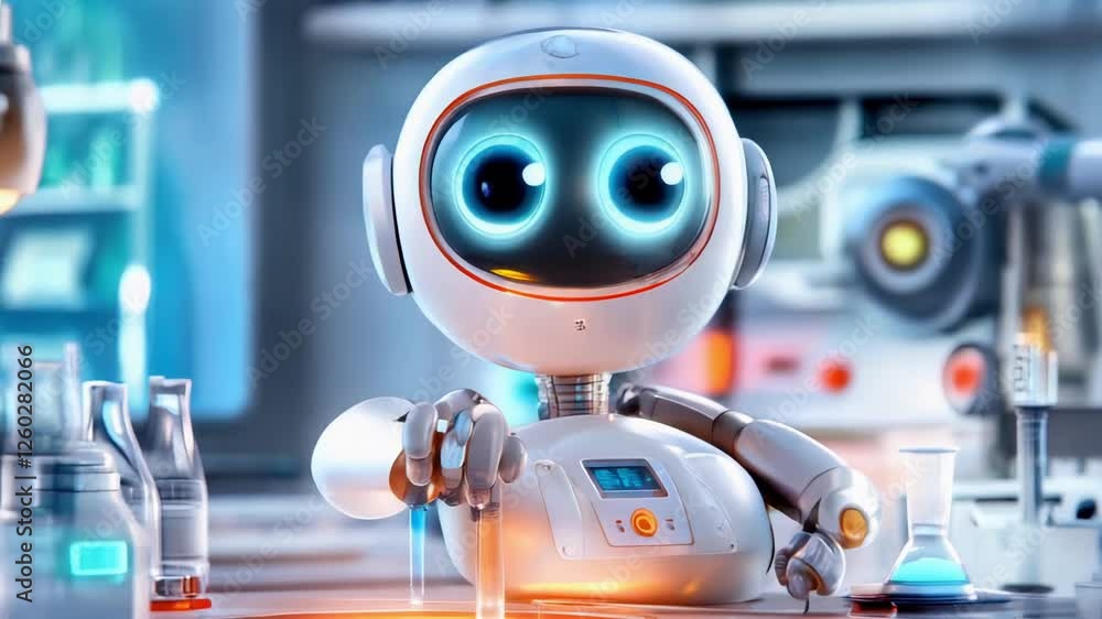 Poster adorable robot scientist experimenting in futuristic lab setting with glowing blue eyes.