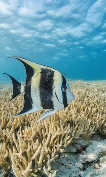 Moorish idol fish swims over coral reef in tropical ocean