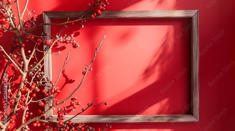 Poster minimalistic arrangement of a wooden frame and a branch with red berries casting natural shadows on 