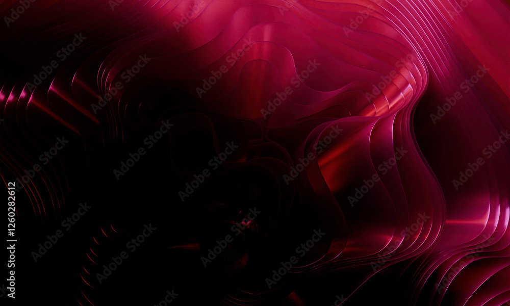 Poster dynamic wave pattern in red fabric, 3d render with smooth curves and light gradients
