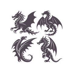 Fierce Dragon Silhouettes Isolated Vector Illustration Set