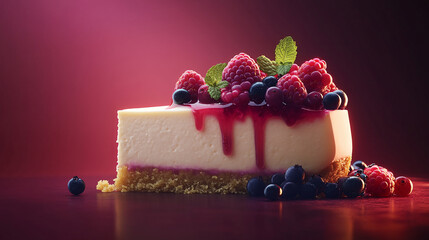 A slice of creamy cheesecake topped with fresh berri