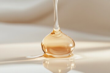 A golden drop of facial oil gracefully glides onto smooth skin, creating a soft, natural glow that highlights deep hydration and nourishment for a radiant complexion