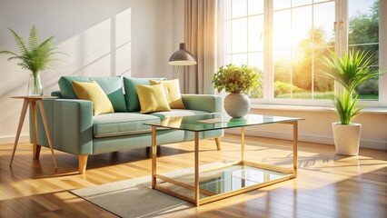Bright living room features a minimalist glass side table; airy, modern furniture mockup. Ideal home decor.