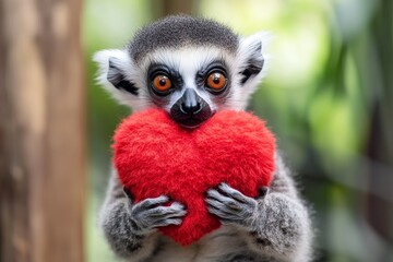 Obraz premium Cute lemur baby with fluffy red heart on in a natural habitat. Lemur - my desired animal. Commercial animal visual idea. Affectionate animal pair. Expressive wildlife love. Love and wildlife.