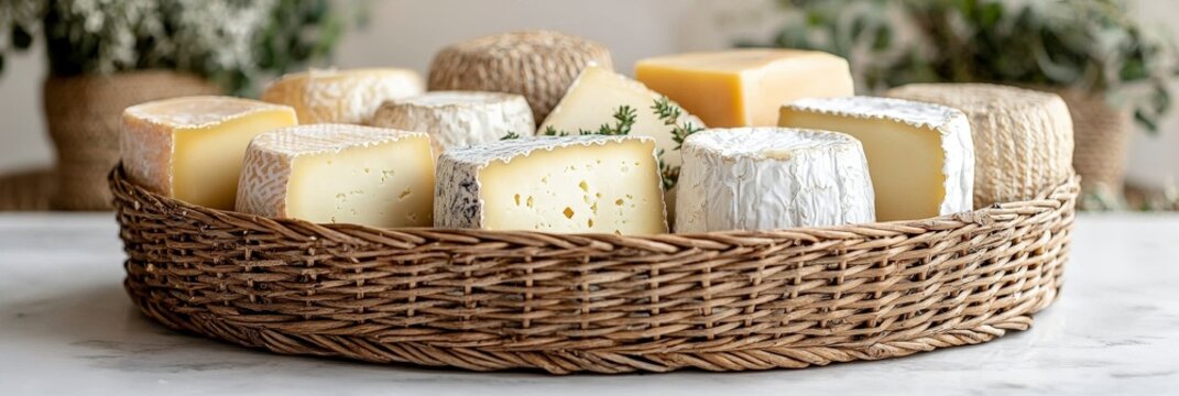 A beautifully crafted cheese display featuring different varieties set against a backdrop of natural decor, inviting viewers into a world of culinary artistry and enjoyment.