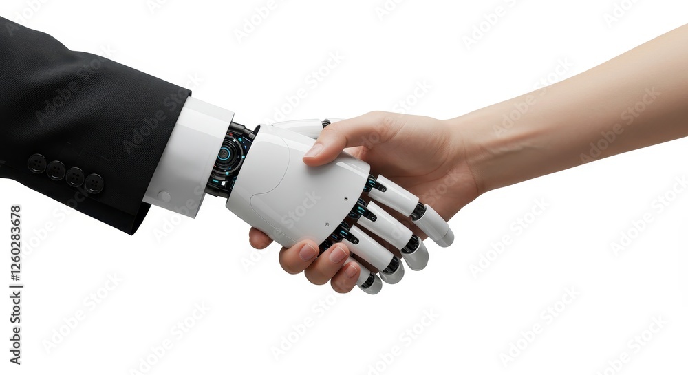 Poster a handshake between a human hand and a robotic hand symbolizing collaboration between humans and art
