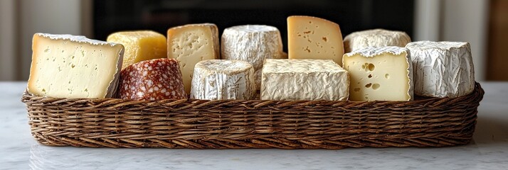 A refined gourmet cheese platter featuring a variety of cheeses perfectly arranged, exuding elegance and charm ideal for any sophisticated setting or gathering.