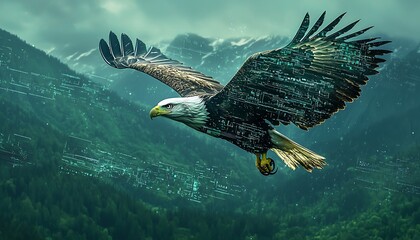A cyber-enhanced eagle soaring above a digital landscape, sending real-time environmental data to researchers below.