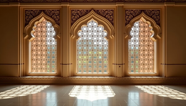 Traditional Indian lattice window background featuring geometric jaali patterns in carved sandstone, casting soft light and shadows