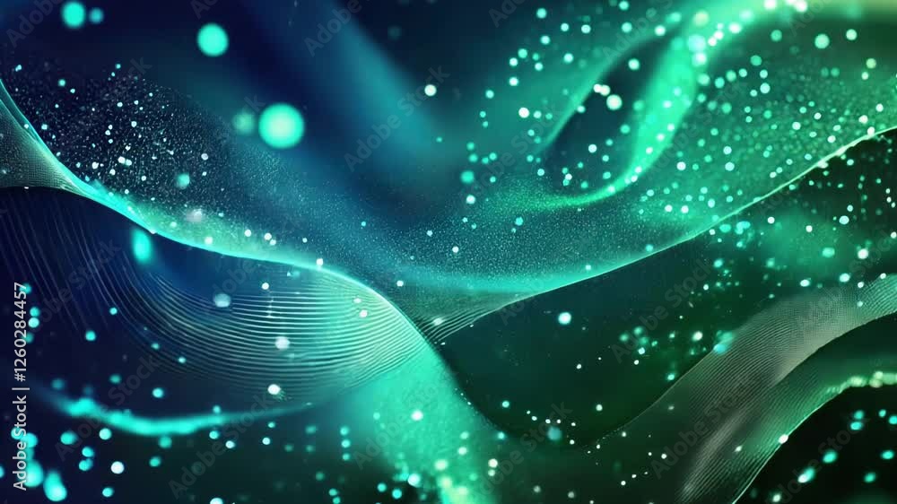 Poster abstract futuristic wave patterns and glowing particles in motion.