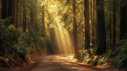 Obraz premium Sunbeams illuminate Redwood forest road