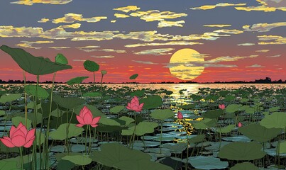 Pink lotuses bloom on a lake at sunset