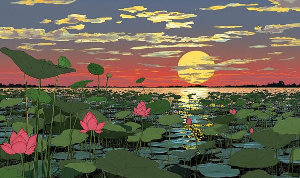 Pink lotuses bloom on a lake at sunset