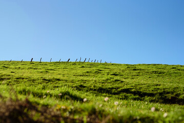 Cercado rural en ladera de hierba verde y cielo azul