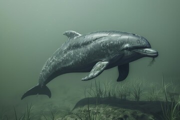Fototapeta premium Extinct River Dolphin submerged in murky underwater habitat, body marks and adaptations for navigating river currents, representing its ecological significance in freshwater environment.