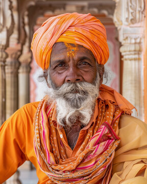Potrait eines Inders mit Bart in traditioneller Kleidung, Rajasthan, Indien, Generative AI