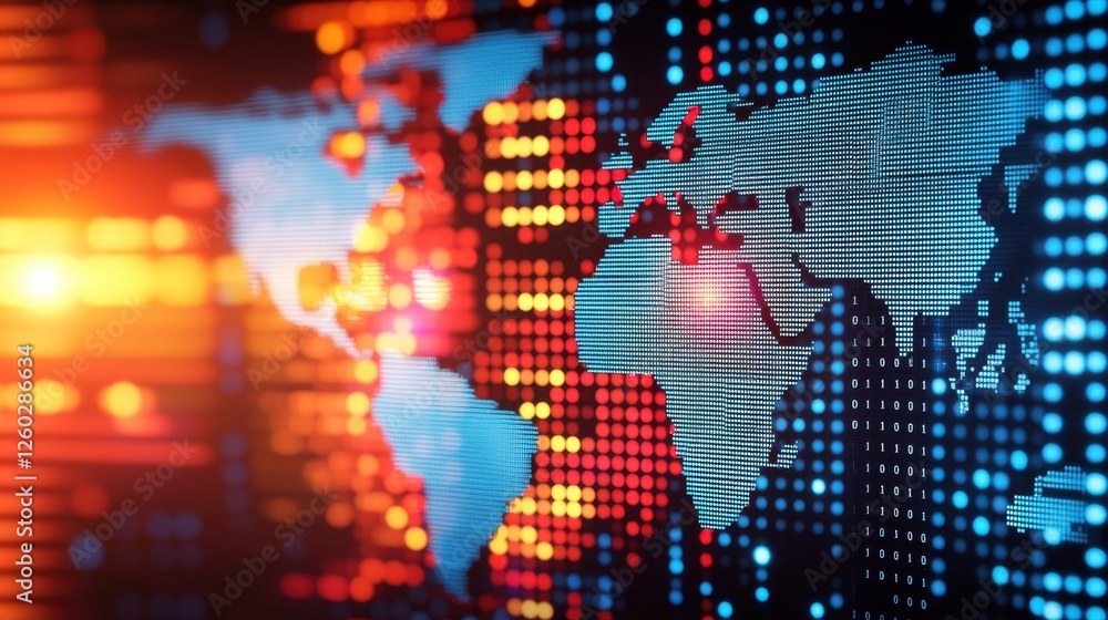 Poster a vibrant digital representation of a global map, featuring colorful dots and lines, symbolizing con