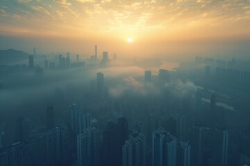 Foggy cityscape under a rising sun, obscured by thick layers of PM 2.5 pollution, emphasizing urban air quality concerns and the pervasive impact of environmental pollution.
