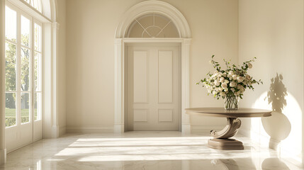 Bright and spacious entry hall with marble floors, a large window and door, and a bouquet of roses on a wooden table.