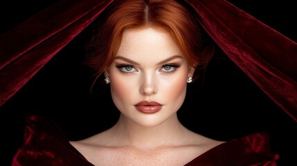  a woman with red hair wearing a red dress and a red cape, set against a dark background Her hair is styled in a sleek bob and her makeup is subtle and natural She