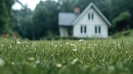Rainy day, daisies in foreground, house in background, tranquil scene, real estate