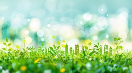 Fototapeta premium Abstract green cityscape made of plants growing from fresh grass with bright sunlight, bokeh effect, ecological urban development, nature-friendly living, and environmental conservation.