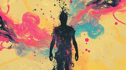 Obraz premium Artistic depiction of a silhouetted figure surrounded by flowing colorful swirls, evoking emotion, energy, and creativity. AI generated.