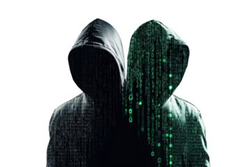  double exposure of hooded figures with green binary code on white background, hidden and shadowy nature of cyber engagement in online social media or hacker cyber security concept