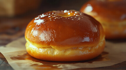 A soft and fluffy brioche bun with a glossy buttered