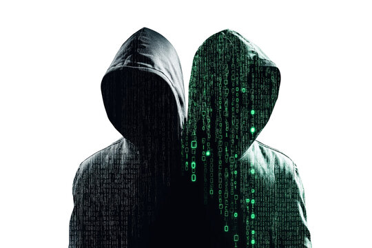 double exposure of hooded figures with green binary code on white background, hidden and shadowy nature of cyber engagement in online social media or hacker cyber security concept - Powered by Adobe