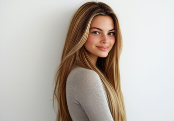 Naklejka premium Portrait of a young blonde woman wearing a long-sleeved white top, isolated against a light grey background, captured in a professional photo studio setting with soft, natural lighting.