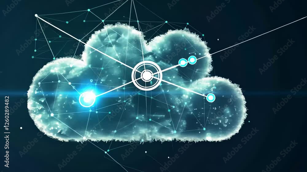 Poster a cloud structure composed of interconnected lines and nodes emits a luminous glow, illustrating the