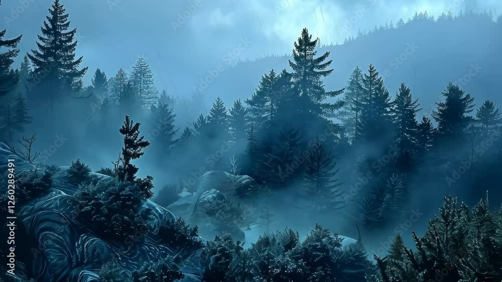 Poster a tranquil forest landscape emerges at dawn, with dense fog enveloping the trees and mountains, crea
