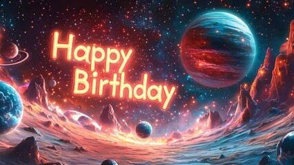 Happy Birthday cosmic wishes from another planet! Space scene with planets and glowing text a unique birthday greeting for everyone.