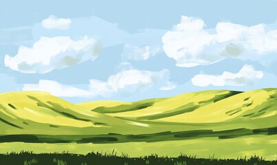 Fototapeta premium Rolling green hills under a cloudy blue sky, ideal for nature and travel themes
