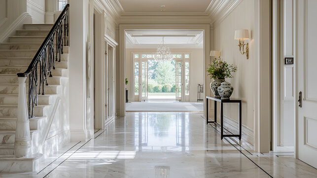 Elegant entryway with marble floors, staircase, and view to a garden through open doors showcasing natural light.