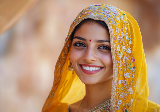 Potrait einer jungen sch&ouml;nen Inderin in traditioneller Kleidung, Rajasthan, Indien, Generative AI