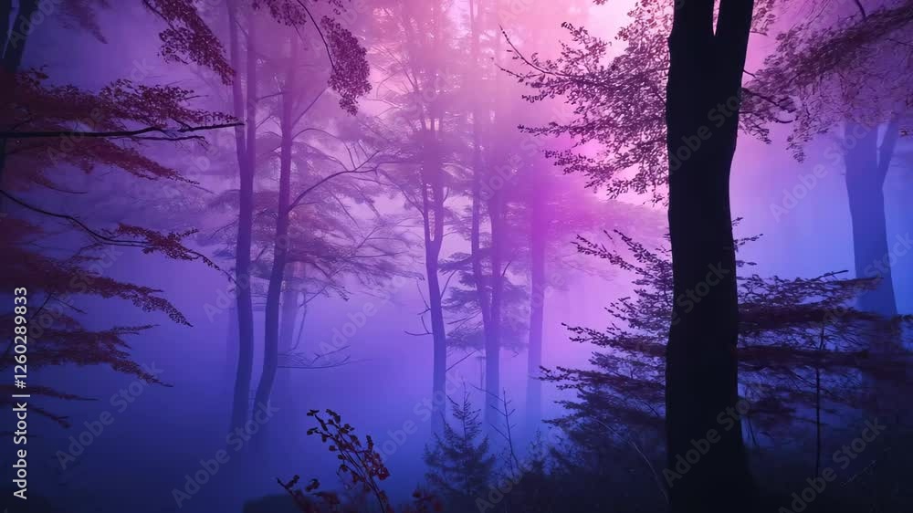 Poster a tranquil forest shrouded in mist, with towering trees creating an ethereal landscape as the mornin