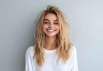 Naklejka premium Portrait of a young blonde woman wearing a long-sleeved white top, isolated against a light grey background, captured in a professional photo studio setting with soft, natural lighting.