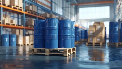 Industrial Blue Barrels on Wooden Pallet in Warehouse Efficiently Stored for Logistics
