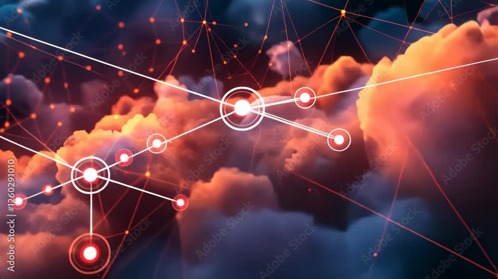 Poster a captivating view of colorful clouds illuminated by a network of bright points and connections, ill