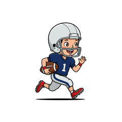 Boy Cartoon Running with Football Wearing Helmet and Uniform Illustration