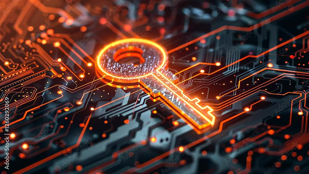 Poster a digital key design shines brightly against a circuit board backdrop, symbolizing cybersecurity and
